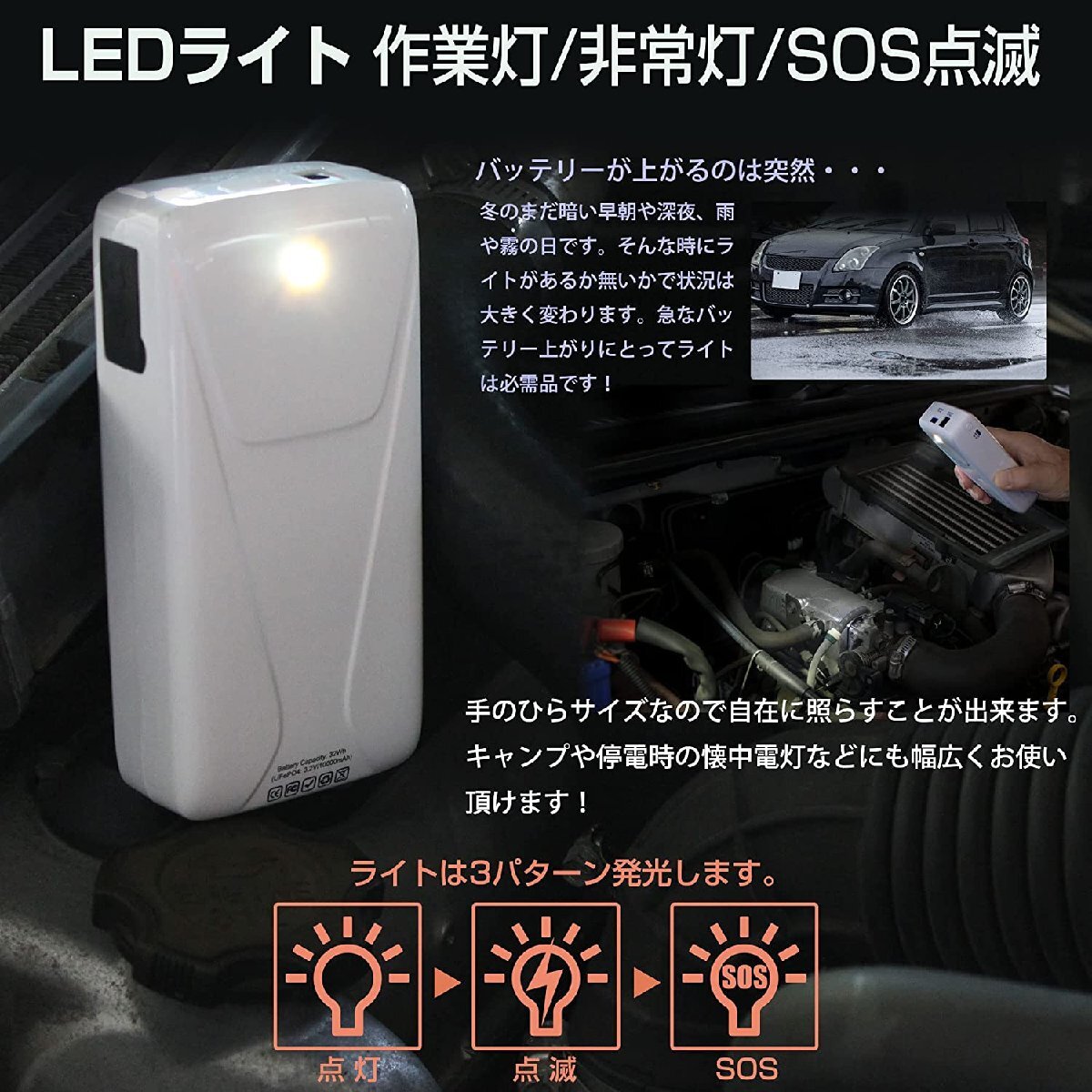 最大400A 軽量 コンパクト 10000ｍAh Li-FePO4 12V USB リン酸鉄 リチウム イオン L1631 ジャンプスターター 安全保護機能88 88ハウス_画像4