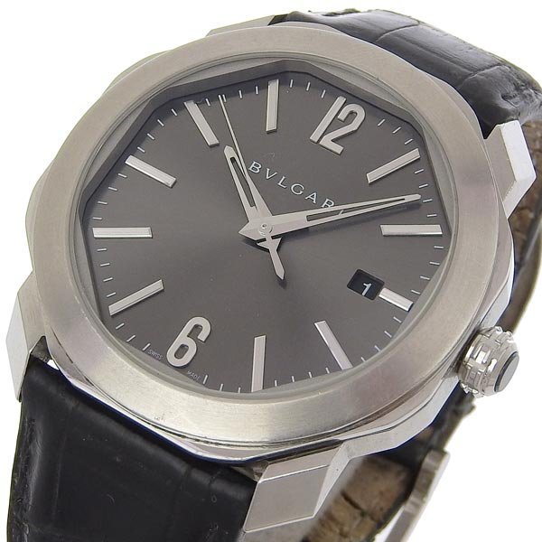 1円 不動 ジャンク ブルガリ BVLGARI OC41S 自動巻き オクト グレー文字盤 SS×レザー メンズ 腕時計の画像3