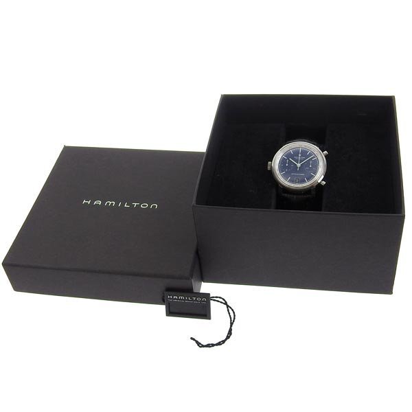 1円 稼働 ハミルトン HAMILTON 11002-3 手巻き クロノマチック ネイビー文字盤 SS×レザー メンズ 腕時計の画像6