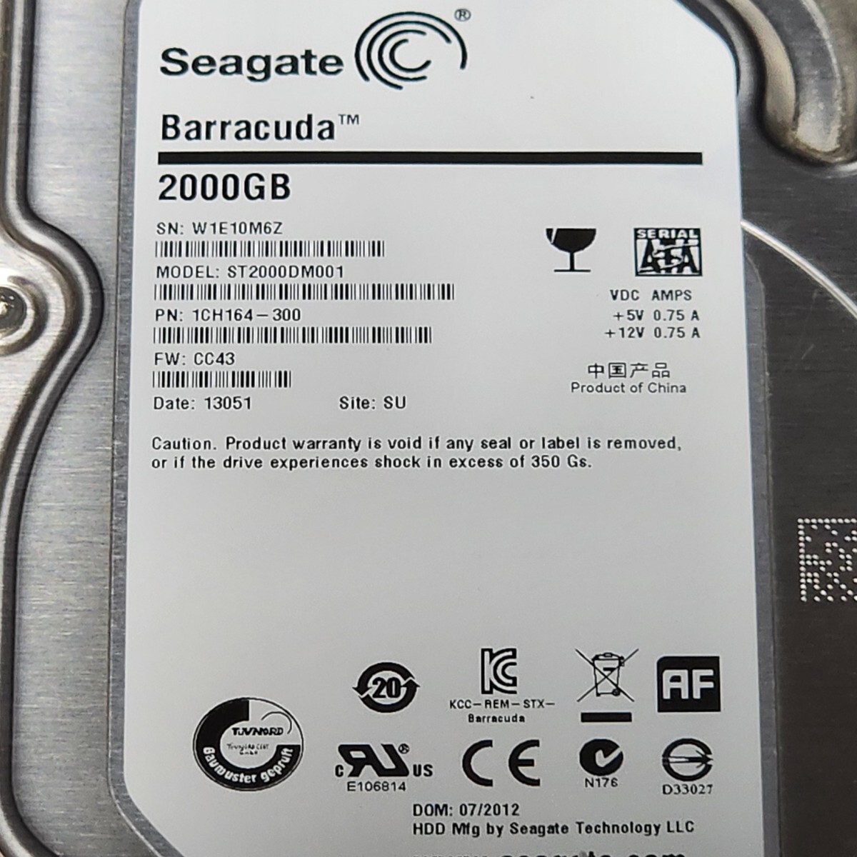 【送料無料】SEAGATE BARRACUDA ST2000DM001-1CH164 2TB 3.5インチ内蔵HDD 2012年製 フォーマット済み 正常品 PCパーツ 動作確認済_画像2