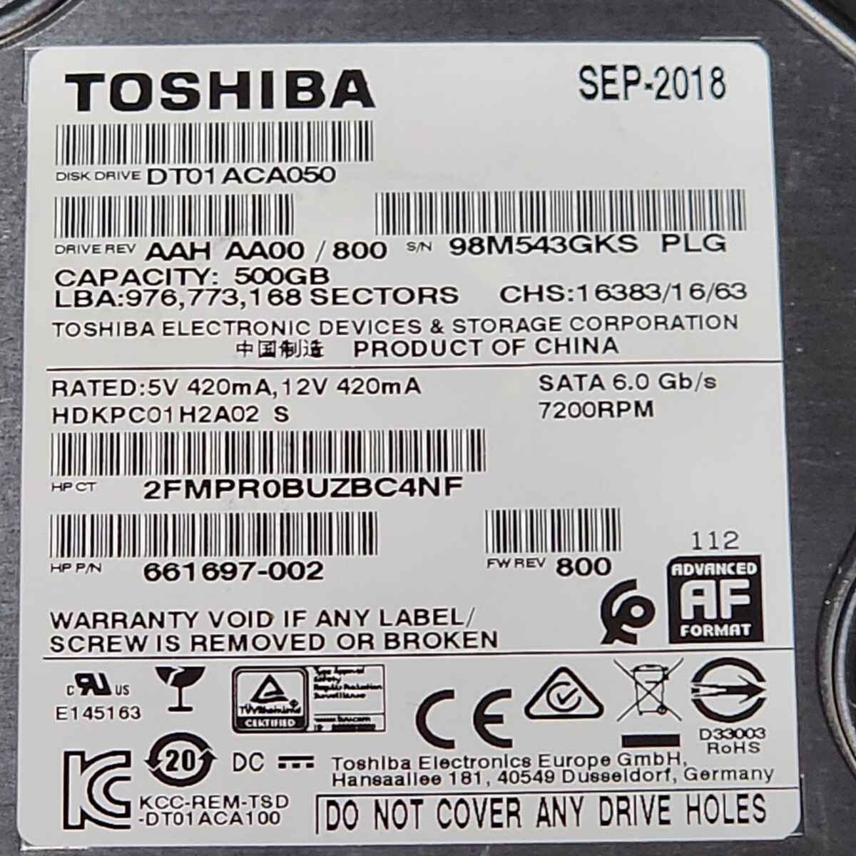 【送料無料】TOSHIBA DT01ACA050 500GB 3.5インチ内蔵HDD 2018年製 フォーマット済み 正常品 PCパーツ 動作確認済の画像2
