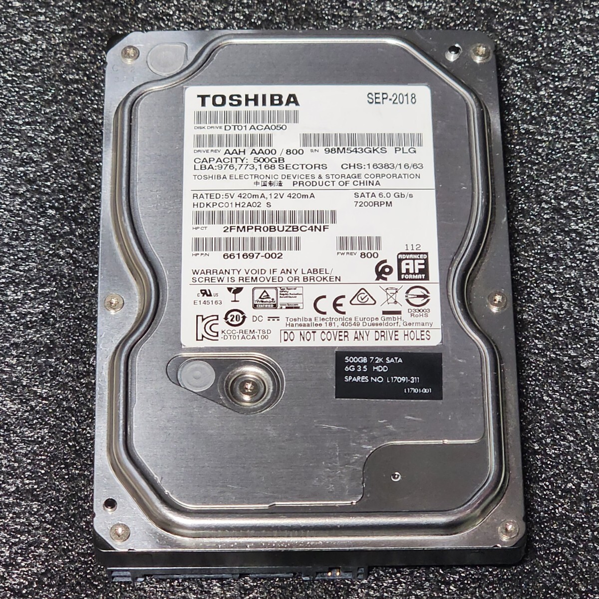 【送料無料】TOSHIBA DT01ACA050 500GB 3.5インチ内蔵HDD 2018年製 フォーマット済み 正常品 PCパーツ 動作確認済の画像1
