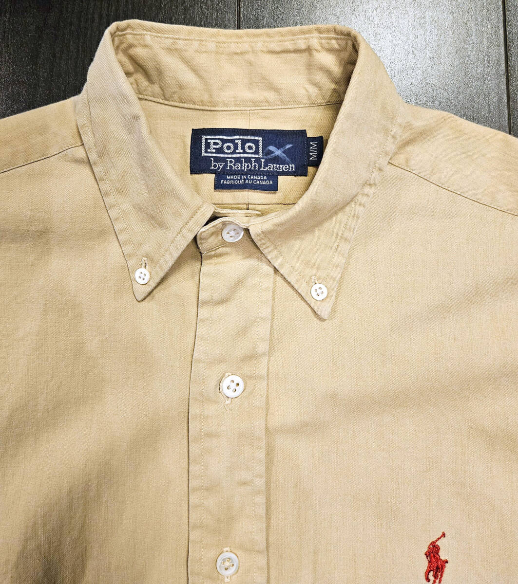 希少カナダ製 ヴィンテージ古着 Polo by Ralph Lauren ポロラルフローレン チノ素材 ボタンダウンシャツ Mサイズ ポニー赤刺繍 の画像4