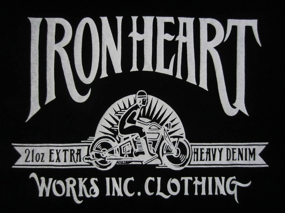 日本製 IRON HEART 7.5ozヘビーボディ 21oz EXTRA HEAVY DENIMプリント Tシャツ Sブラック アイアンハートTHE WORKSバイク バイカー ワーク_画像5