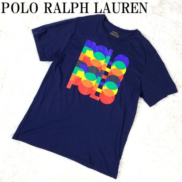 POLO RALPH LAUREN 半袖Tシャツ ネイビー ポロラルフローレン 半袖カットソー プリントTシャツ 紺色 コットン100％ XL B5579_画像1