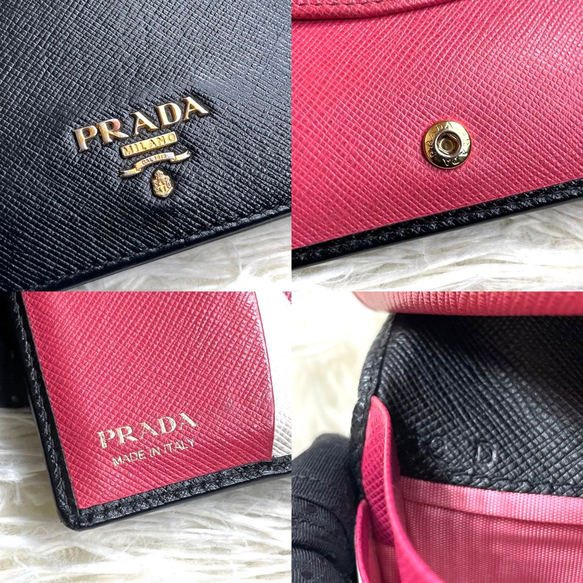 人気品 / PRADA プラダ サフィアーノバイカラーコンパクトウォレット 二つ折り財布 コンパクト財布 レザー ブラック ピンク