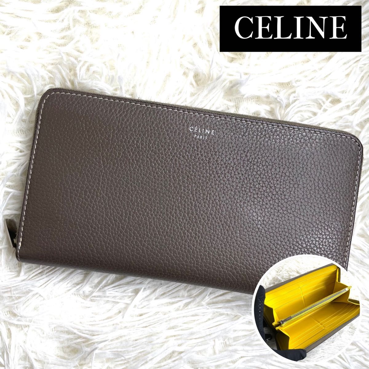 美品 / CELINE セリーヌ バイカラージップアラウンドウォレット 長財布 ジップアラウンド グレインレザー シボ革 グレー