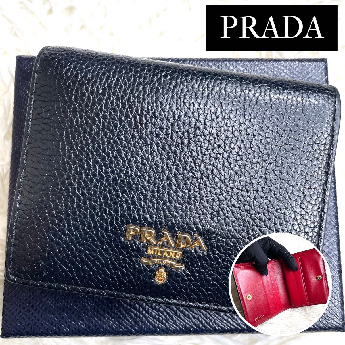 人気品 / PRADA プラダ ダイノバイカラーコンパクトウォレット 二つ折り財布 ヴィッテロダイノレザー ブラック 1MV204