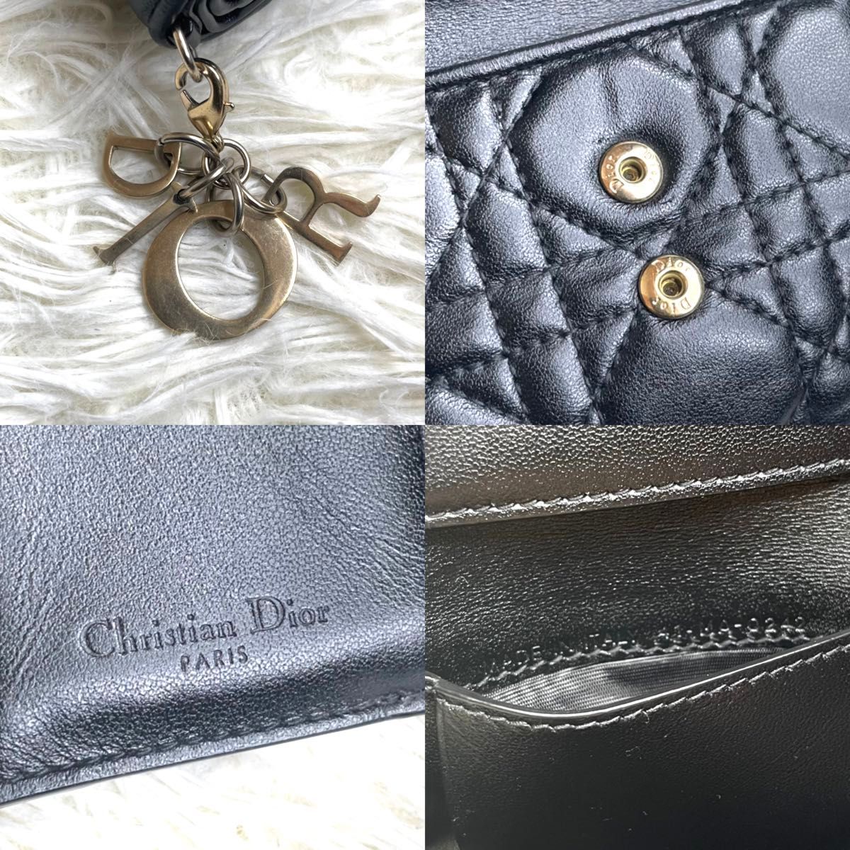 極美品 / Dior クリスチャンディオール レディディオールロータスウォレット 三つ折り財布 カナージュライン ブラック