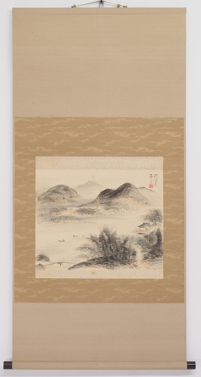 【真作】【渡鹿庵】[大河内夜江] 15005 掛軸 日本画 山水釣人図 共箱 絹本 風景画 山梨 甲府 師菊池契月 在銘_画像2