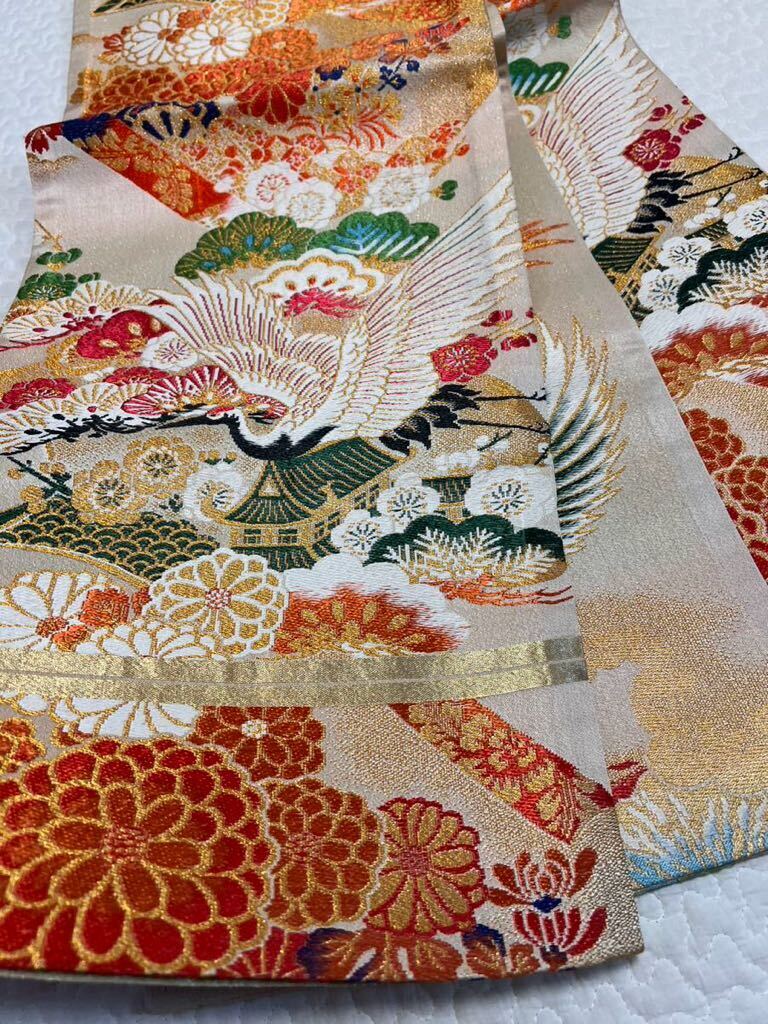帯 丸帯 正絹 伝統織物 アンティーク 訪問 御祝 金糸 鶴花松 きもの_画像1