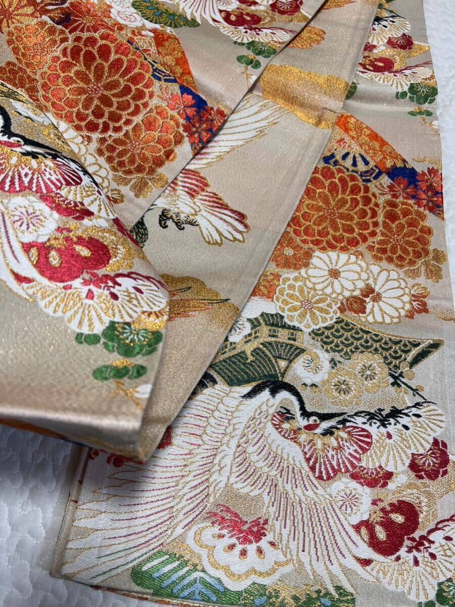 帯 丸帯 正絹 伝統織物 アンティーク 訪問 御祝 金糸 鶴花松 きもの_画像7