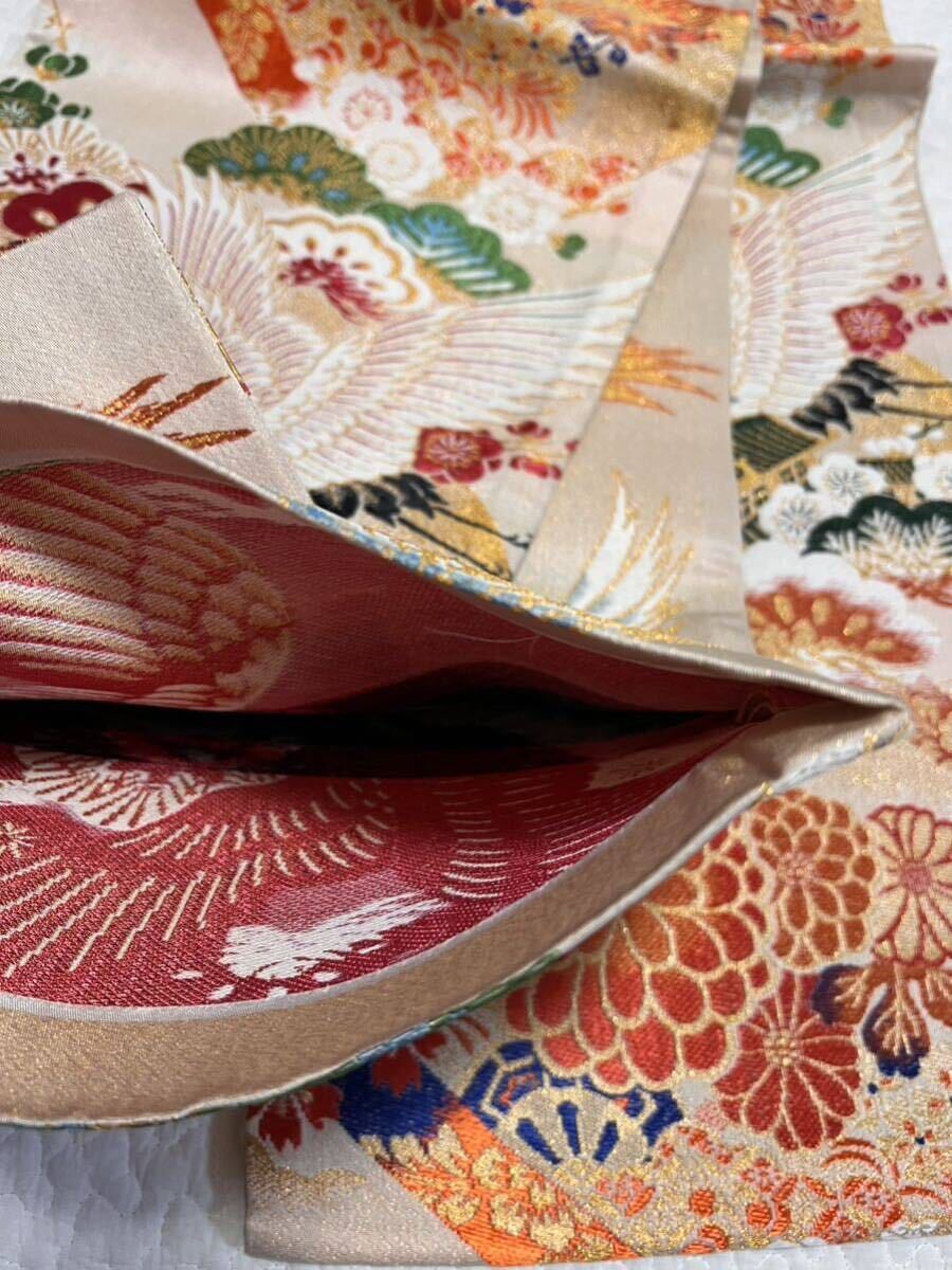 帯 丸帯 正絹 伝統織物 アンティーク 訪問 御祝 金糸 鶴花松 きもの_画像4