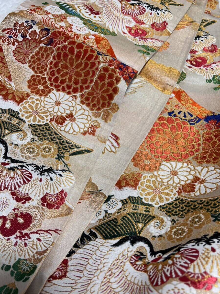 帯 丸帯 正絹 伝統織物 アンティーク 訪問 御祝 金糸 鶴花松 きもの_画像10