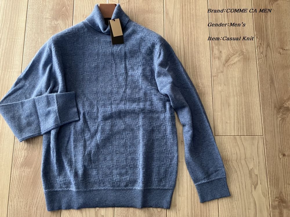 新品 COMME CA MEN コムサメン 市松オーバーペーン タートルネックカシミヤセーター 23ブルー Mサイズ 34KA06 定価31,900円_画像1