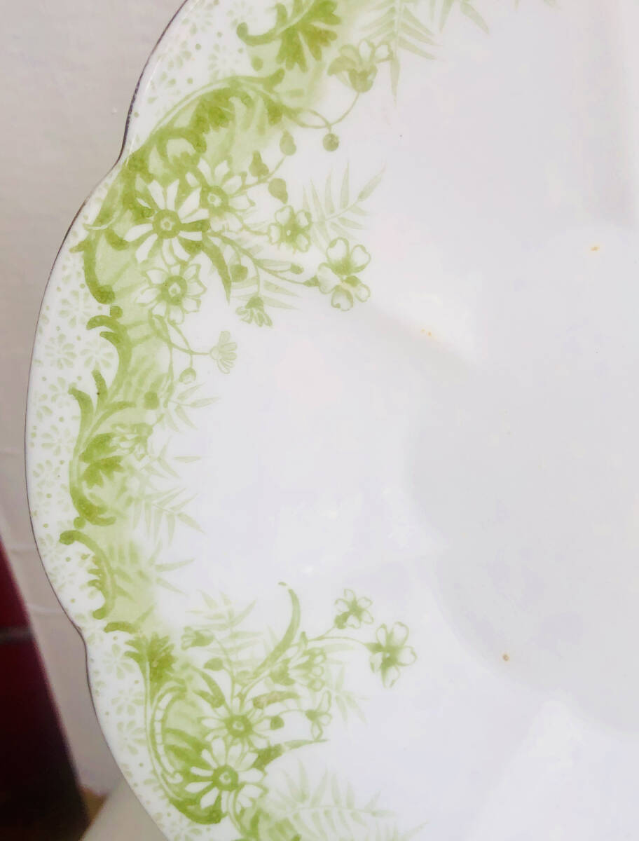 １８９６年      シェリーワイルマンリリーシェイプグリーン染め付けトレイリングデイジーパターンサンドウイッチ盛り皿の画像3