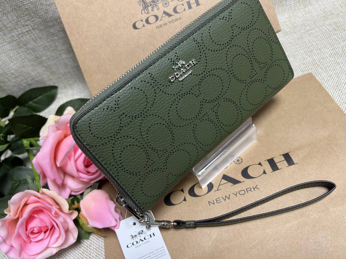 コーチ COACH 長財布 財布 シグネチャー ロング ジップ アラウンド ウォレット パンチング 緑 プレゼント 贈り物 ギフト 新品 C4715 A100_画像2