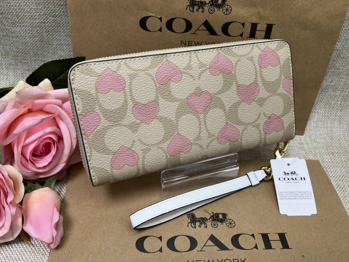 コーチCOACH 長財布 財布 ロング ジップ アラウンド ウォレットシグネチャー キャンバスハート プリント ライトカーキチョークマルチ A340_画像3