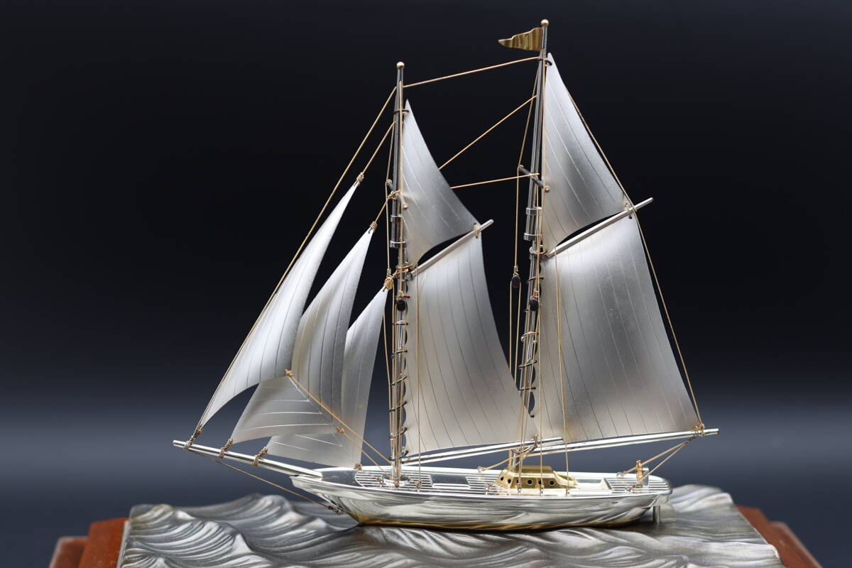 高さ：31.5cm 銀製ヨット STERLING960刻印 銀細工 帆船 模型 ガラス 