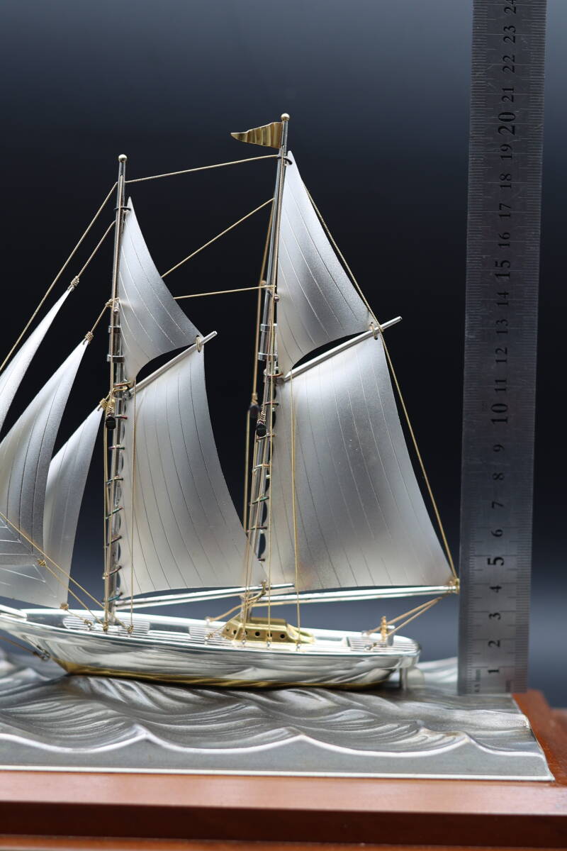 高さ：31.5cm 銀製ヨット STERLING960刻印 銀細工 帆船 模型 ガラス 