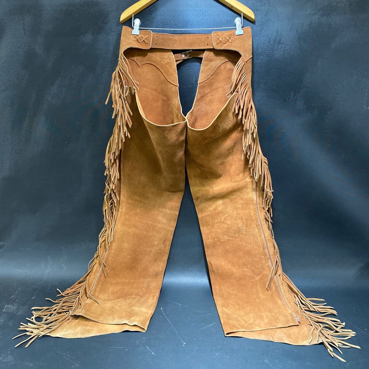 N 3255 [ suede leather chaps length of the legs 88.] original leather kau Boy leather ntsu fringe Western costume play clothes horse riding storage goods 