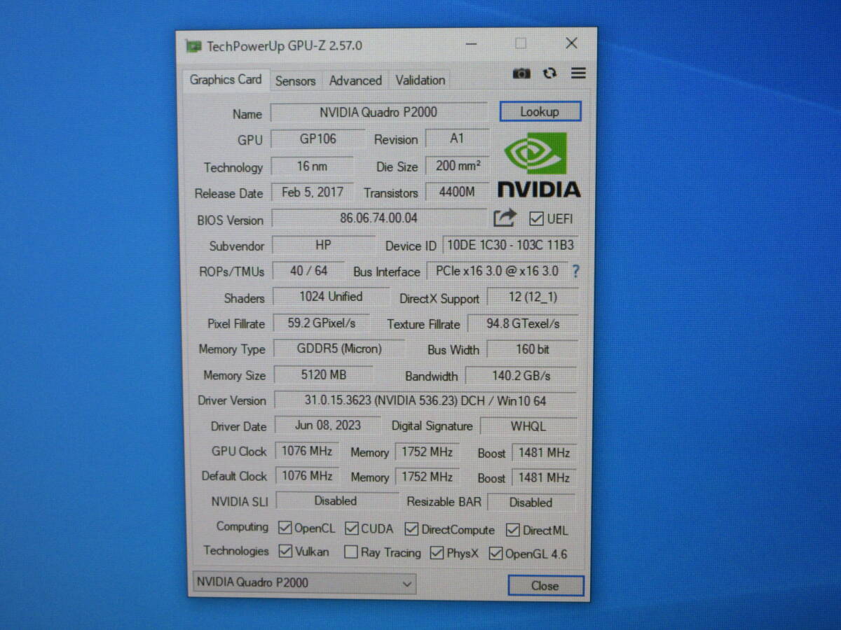 nVIDIA / Quadro P2000 / GDDR5 5GB / DisplayPort 1.4対応コネクタ ×4系統出力 / 動作確認済み / No.T708_画像6