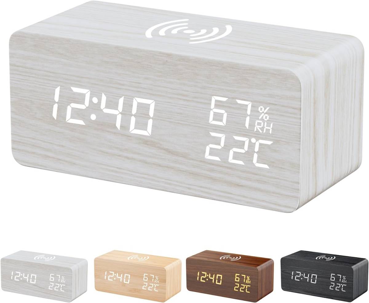 AY153 Demanca 目覚まし時計 置き時計 木製 USB給電式 多機能時計 温度湿度計 卓上時計 アラームクロック (ホワイト)_画像1