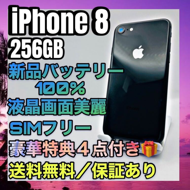 極美品　特典４点　iPhone8 SpaceGray 256GB SIMフリー バッテリー最大容量100%