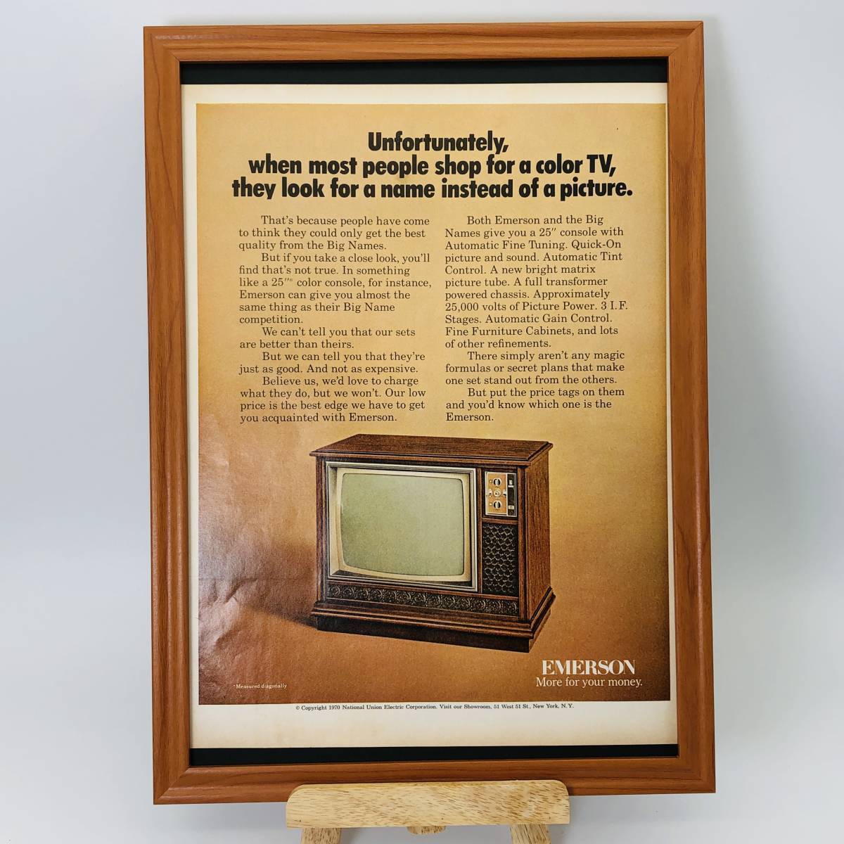 『 エマソン・エレクトリック カラーテレビ 』ビンテージ 広告　60年代　フレーム 付 ポスター 当時物 額付 LIFE 雑誌 アンティーク