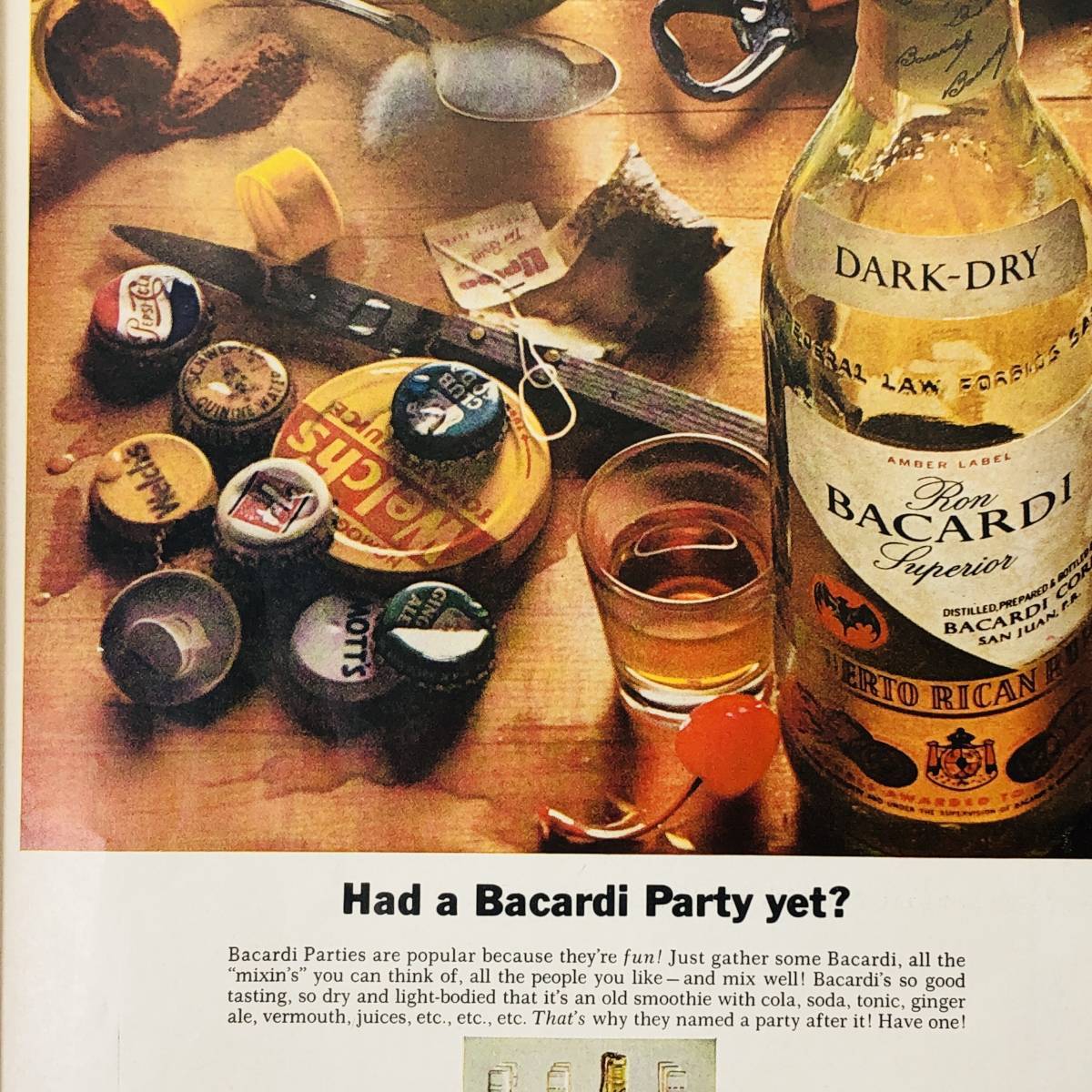 『 バカルディ― ( BACARDI ) 』ビンテージ 広告　60年代　フレーム 付 ポスター 当時物 額付 LIFE 雑誌 アンティーク