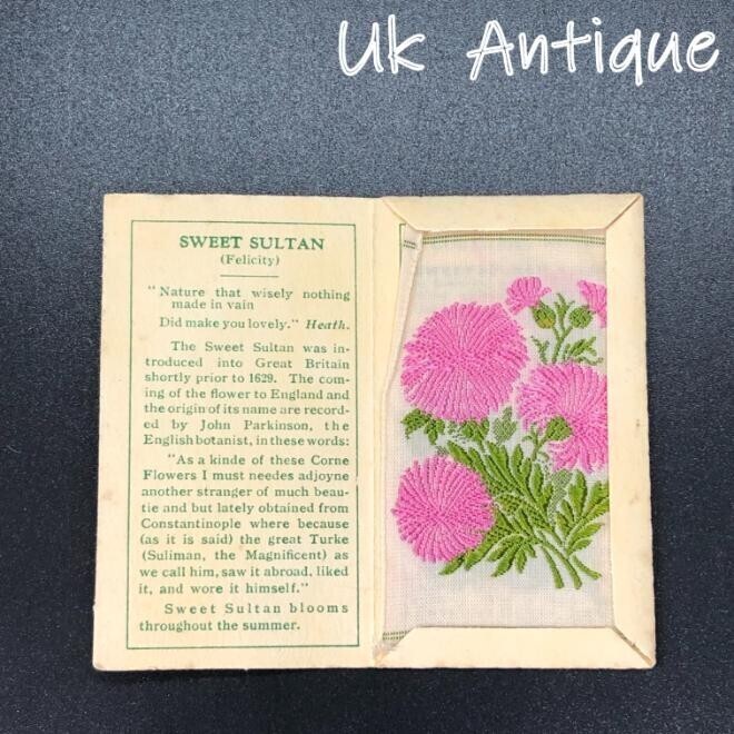 【英国 アンティーク】 シガレットカード　シルク 花刺繍 『 センノウ（スイートサルタン） 』　イギリス (TBK013)_画像1