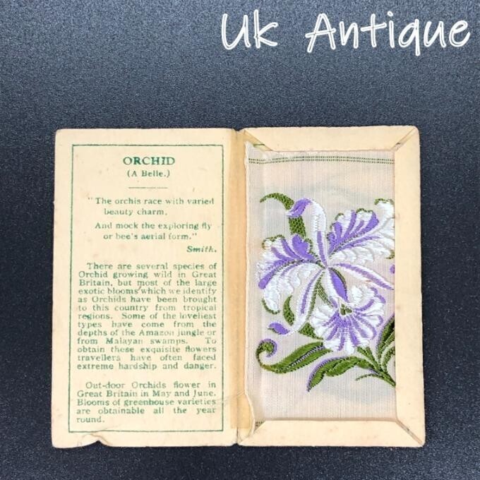 【英国 アンティーク】 シガレットカード　シルク 花刺繍 『 オーキッド（ラン） 』　イギリス (TBK023)
