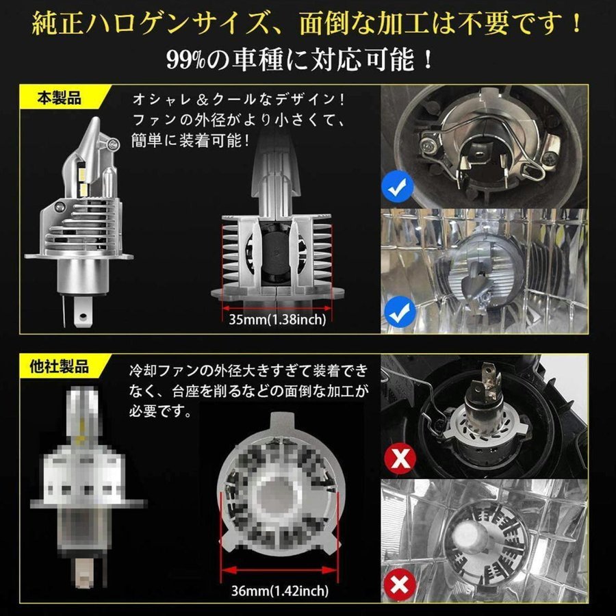 1円スタート 送料無料 最強輝度 LEDヘッドライト H4 Hi/Lo 車検対応 ZESチップ より明るい 16000LM 6500Kホワイト ポン付け 12V コンパクト_画像6