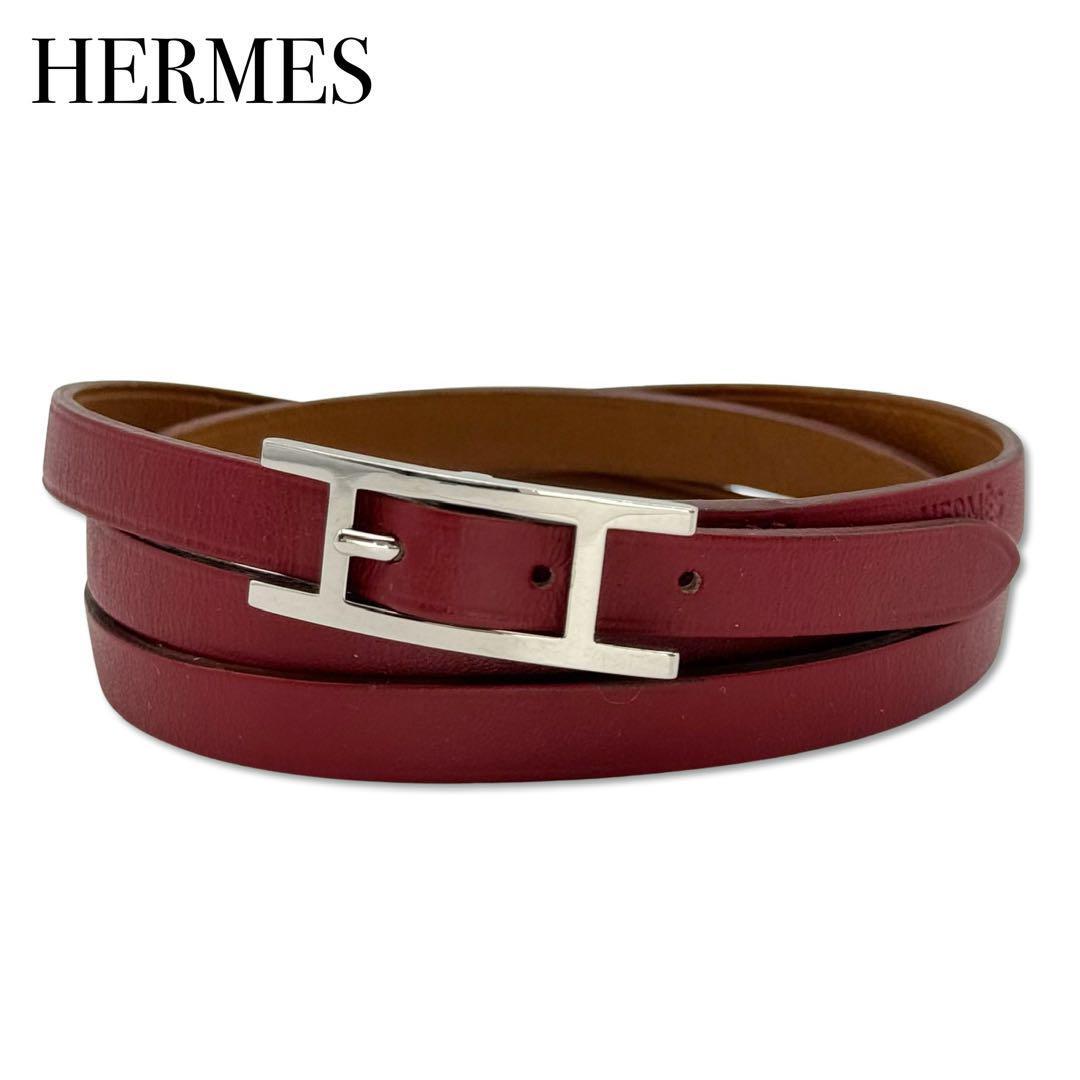 HERMES　エルメス アピ3 レザー ロング ブレスレット チョーカー アクセサリー レッド_画像1