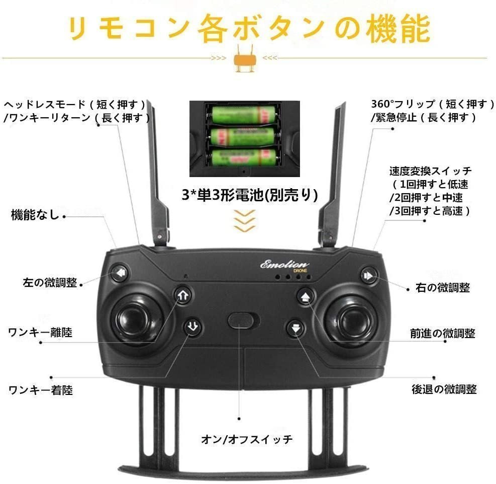 ドローン 多機能 カメラ付き 720P 高画質 WIFI リアルタイム高度維持 折り畳み式 バッテリー3個付き 収納バッグ E58 100g未満の画像2