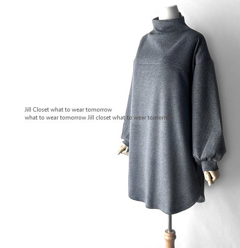 新品【送料185円】伸縮◎GRAY×GRAY*異素材切替え ボトルネックＤＥＳＩＧＮ*ヘムライン*プルオーバー*チュニック*ワンピ3700_画像3