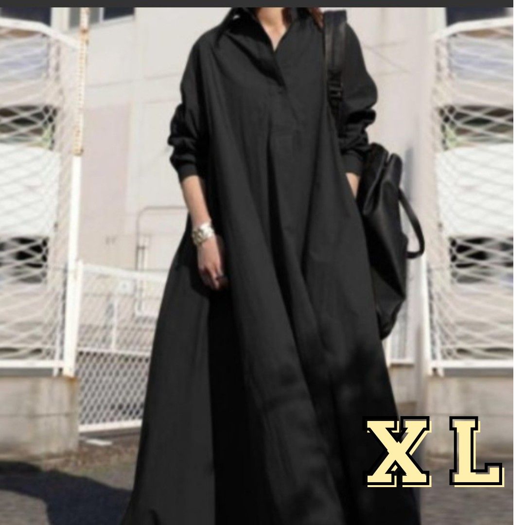 ワンピース XL 大きめ シャツ ロングワンピ ブラック オーバーサイズ ゆったり  春 妊婦 マタニティウェア シャツワンピ 黒