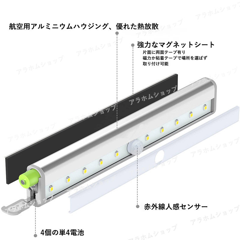 【2個セット】LED センサーライト 白色光 人感センサー 電池式 自動点灯 消灯 マグネット 磁石 簡単取付 配線不要 懐中電灯 防犯 防災の画像3