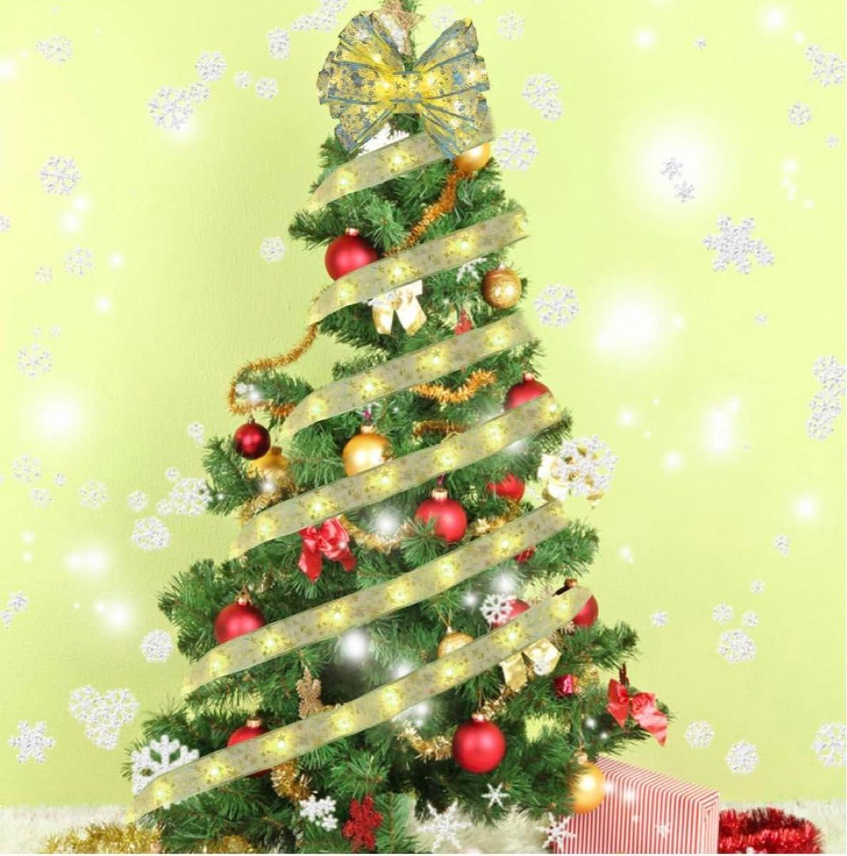 ★25日〜31日23:59まで月末セール★クリスマス発光リボン電飾電池式室内ライト2メートルゴールド暖かい光
