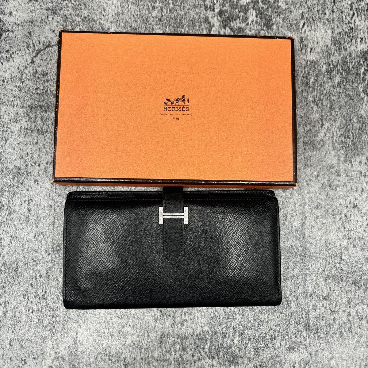 【極美品 付属品付】HERMES エルメス べアン スフレ 刻印 二つ折り 長財布 黒 ブラック ゴールド金具 本革 レザー Hロゴ ビジネス メンズ