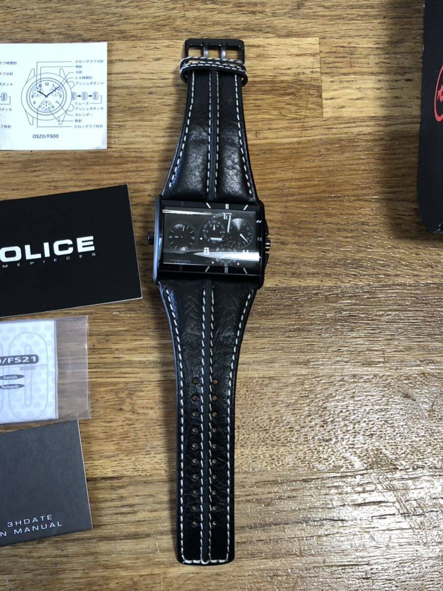 POLICE ポリス クロノグラフクォーツ DUAL TIME 腕時計 黒革ベルト 11397J 未使用保管品 電池交換済み 化粧箱に経年劣化あり ジャンクの画像5