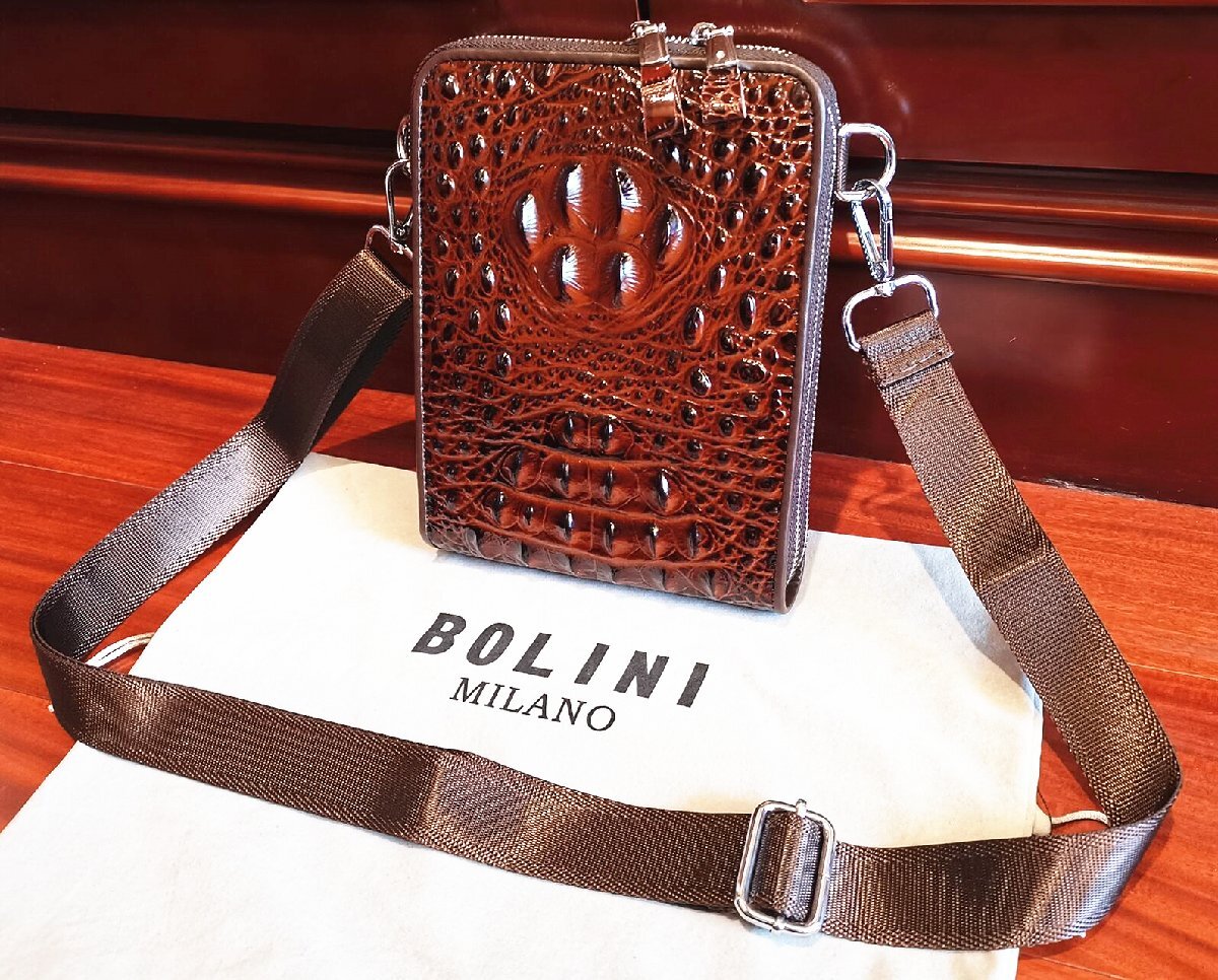 逸品*16万◆イタリア・ミラノ発*BOLINI/ボリニ・最上級牛革・クロコダイル*ショルダーバッグ/リュックサック・茶色_画像1