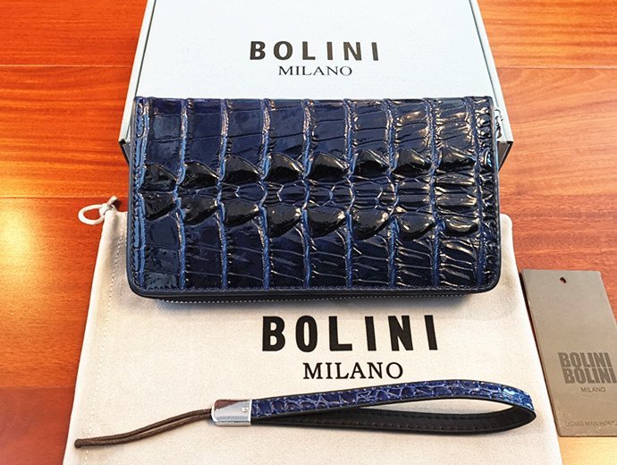 最高峰逸品*イタリア製※定価18万◆イタリア・ミラノ発*BOLINI/ボリニ・最上級牛革・クロコダイル*ラウンドファスナー 長財布・紺_画像1