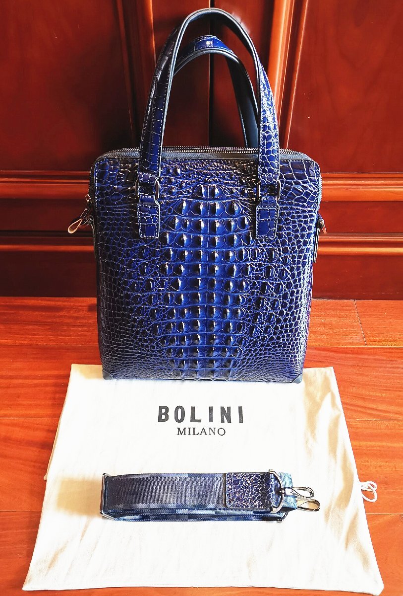 最上級逸品※定価18万◆イタリア・ミラノ発*BOLINI/ボリニ・最上級牛革・クロコダイル*トートバッグ/紺の画像7