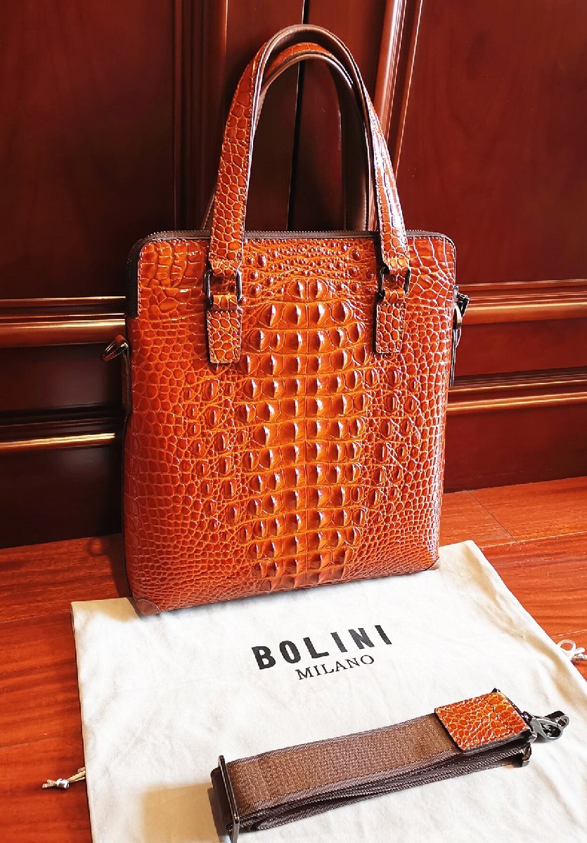 最上級逸品※定価18万◆イタリア・ミラノ発*BOLINI/ボリニ・最上級牛革・クロコダイル*トートバッグ/黄色い_画像4