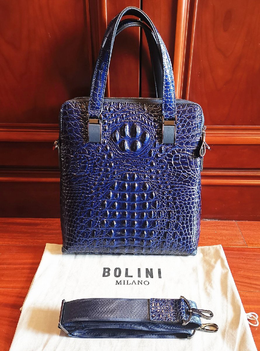 最上級逸品※定価18万◆イタリア・ミラノ発*BOLINI/ボリニ・最上級牛革・クロコダイル*トートバッグ/紺_画像10