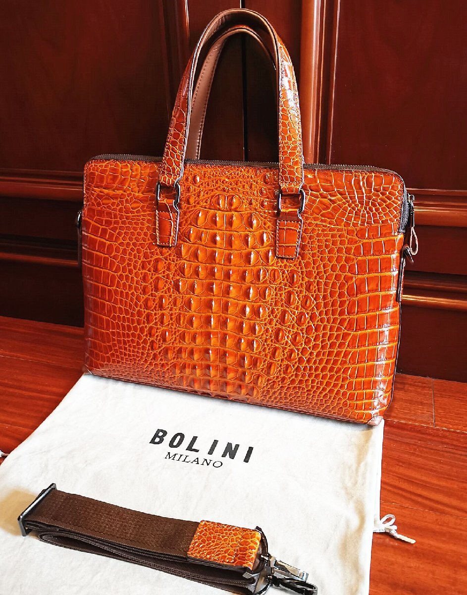 最高級逸品20万◆イタリア・ミラノ発*BOLINI/ボリニ・最上級牛革・クロコダイル*ビジネスバック/ブリーフケース・黄色い_画像2