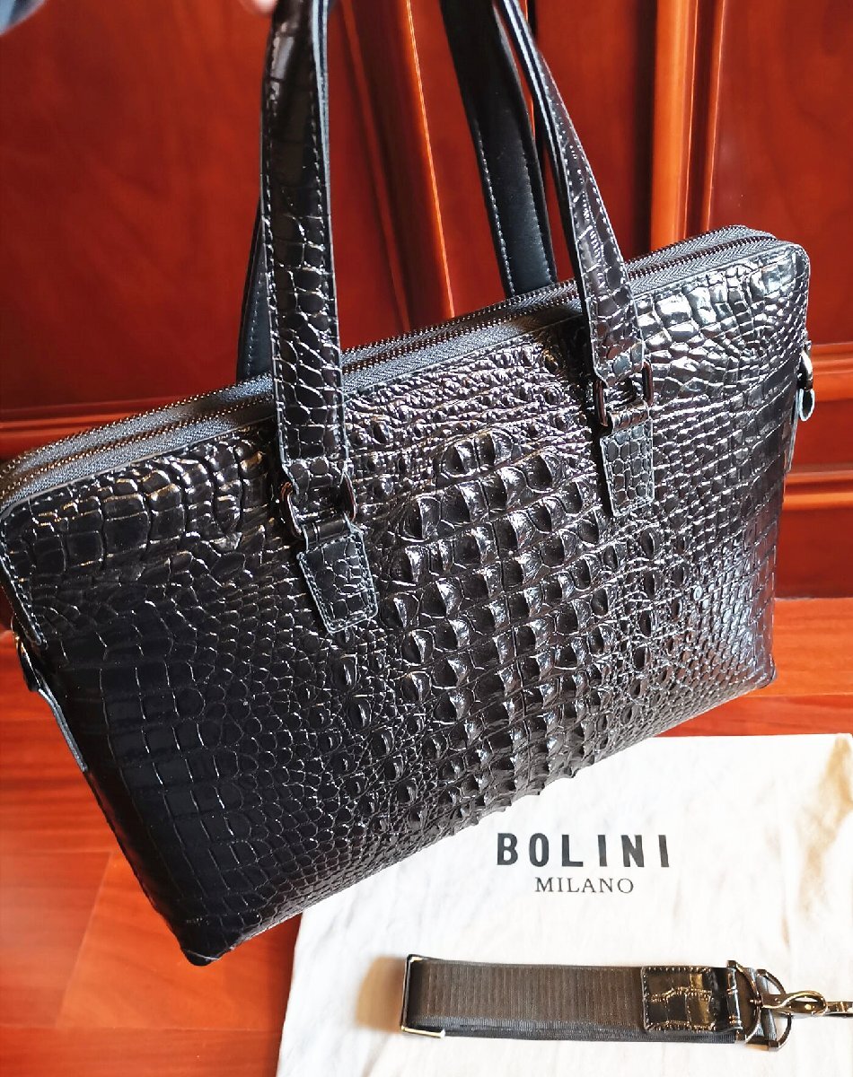 最高級逸品20万◆イタリア・ミラノ発*BOLINI/ボリニ・最上級牛革・クロコダイル*ビジネスバック/ブリーフケース・黒_画像3