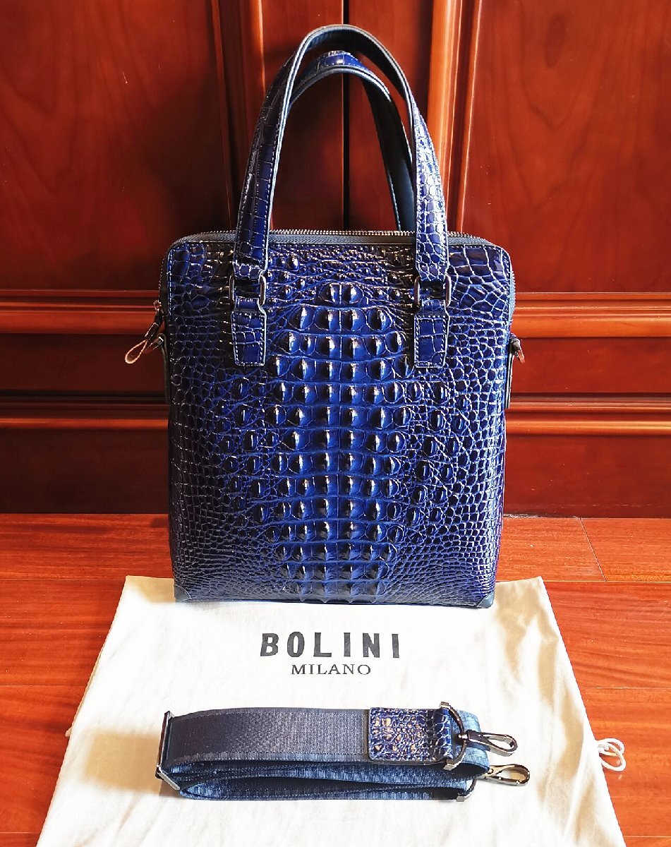 最上級逸品※定価18万◆イタリア・ミラノ発*BOLINI/ボリニ・最上級牛革・クロコダイル*トートバッグ/紺の画像2