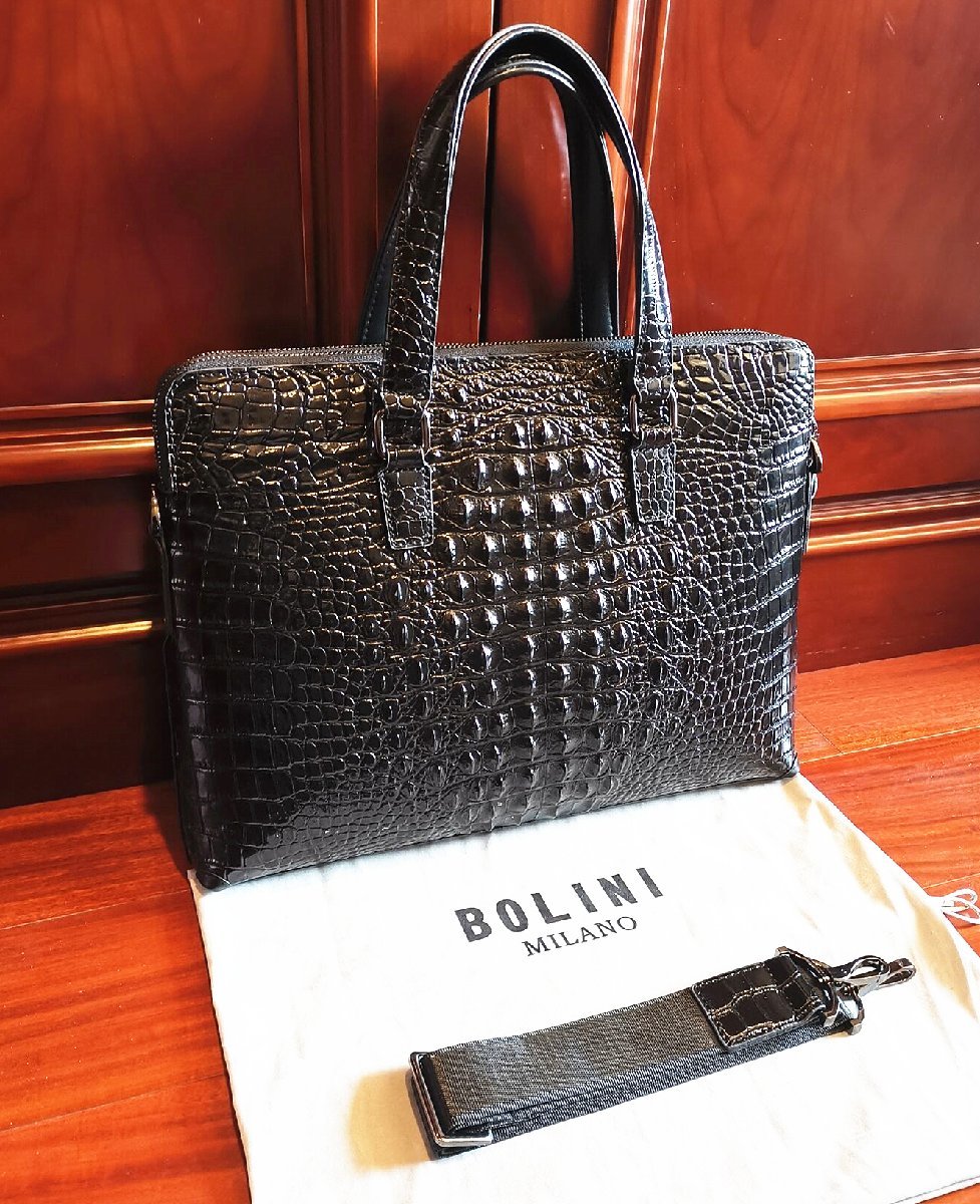 最高級逸品20万◆イタリア・ミラノ発*BOLINI/ボリニ・最上級牛革・クロコダイル*ビジネスバック/ブリーフケース・黒_画像2